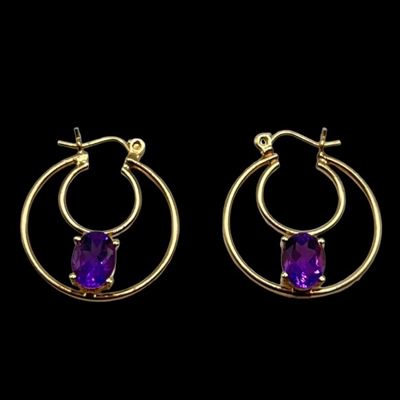 14k Solid Gold Amethyst Double Hoop  Earrings - Picture 3 of 15
